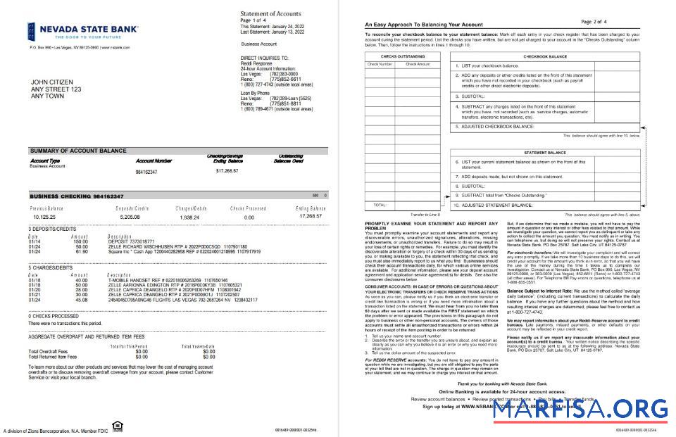 Downloadable USA Nevada State Bank business checking bank statement word 4 pages real example